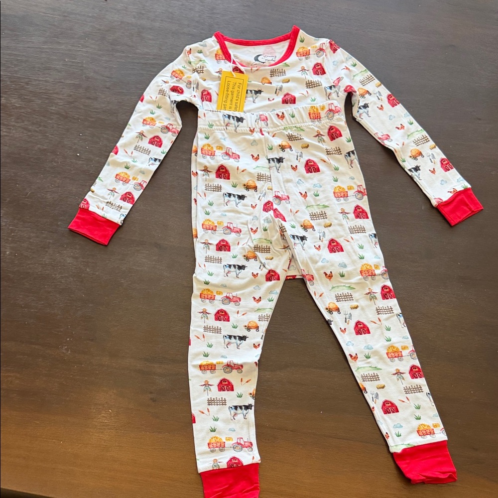 Kids Farm Print two piece bamboo Pajamas with Red Trim